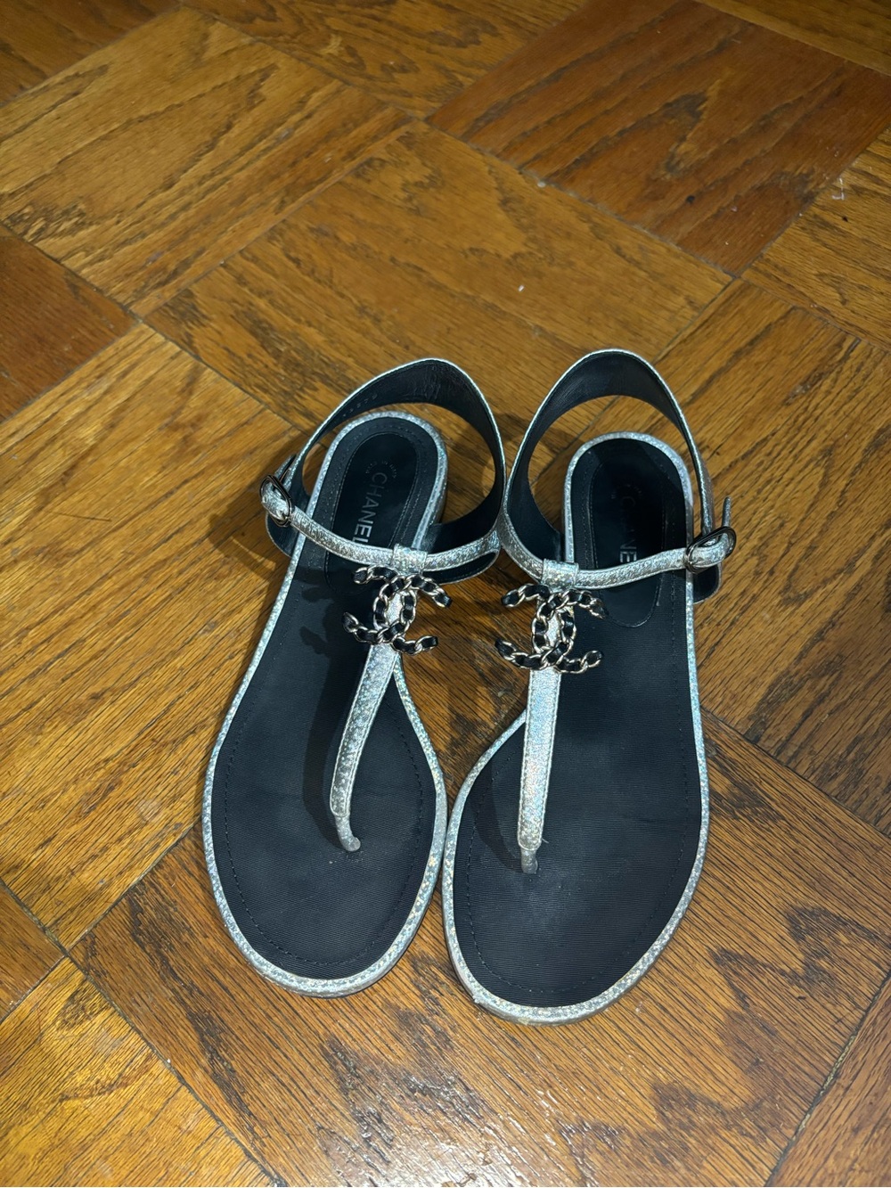 CHANEL Metallic Silver T-Strap Logo Sandals 8.5